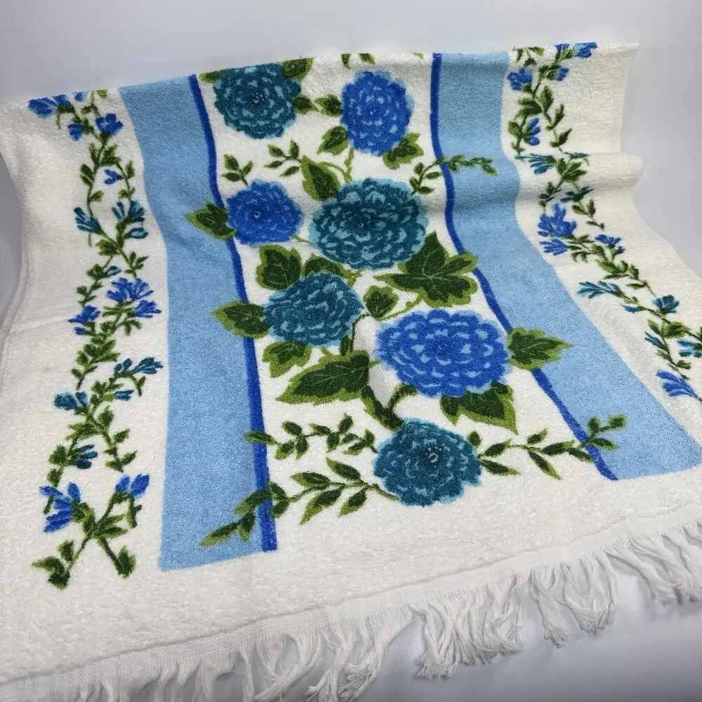 Set 3 Vintage Retro Floral MCM Blue Green Bath Towel Set Fringe USA